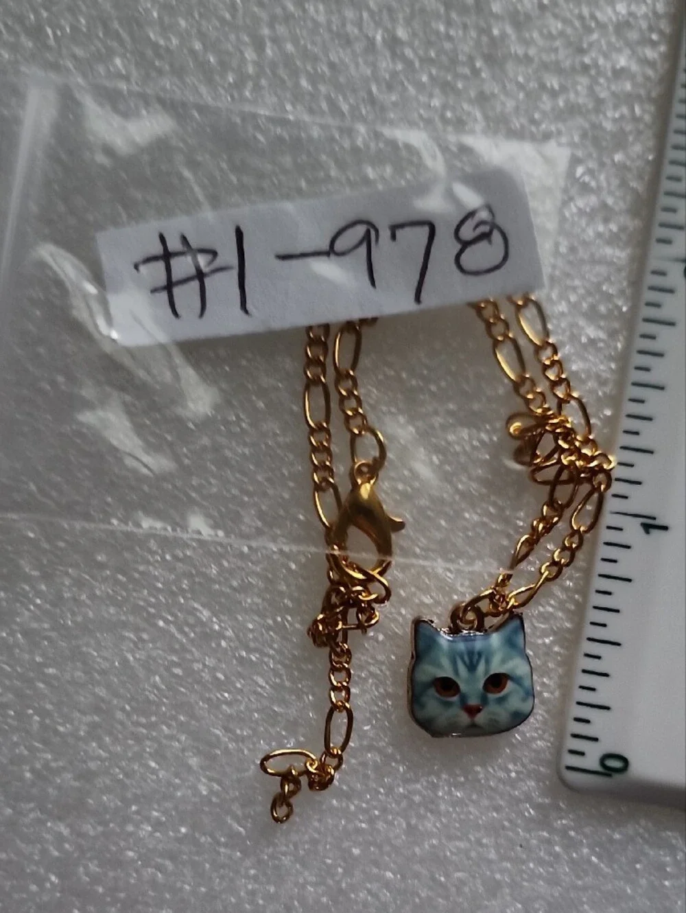 Hand Crafted Gold Chain Bracelet with Blue Cat Face Charm Pendant - Picture 2 of 7